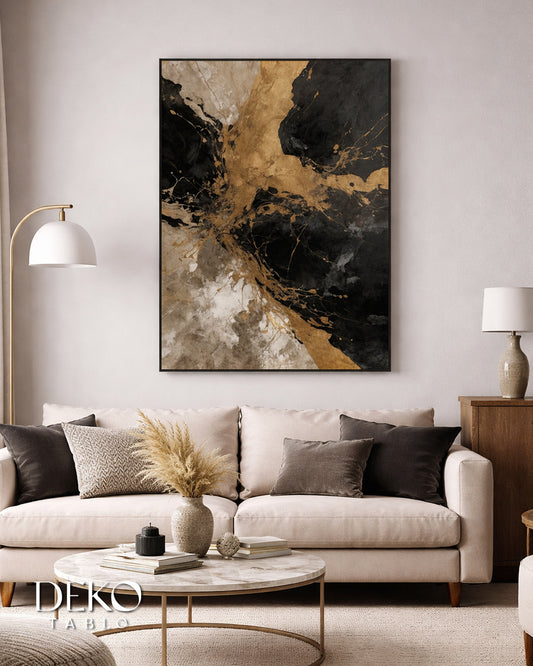 "Cevher" Siyah Beyaz Bej Kahve ve Gold Detaylı Yağlı Boya Tablo