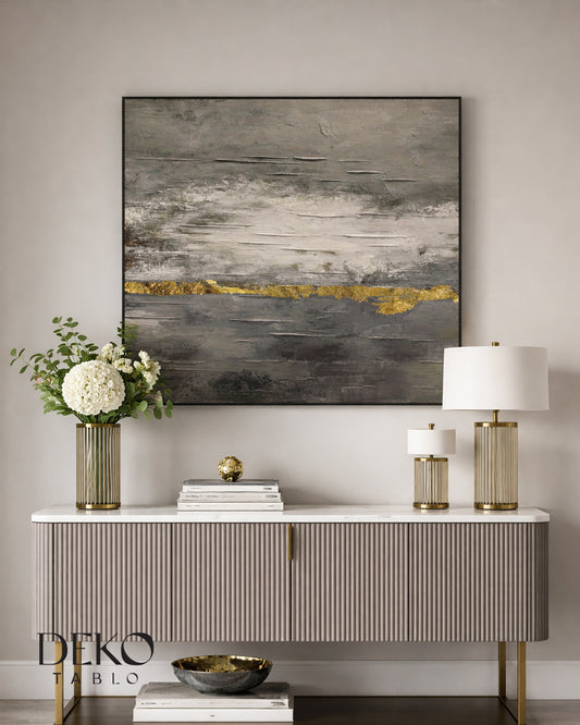 "Yeryüzü" Gri Beyaz ve Altın Tonlarında Detaylı Yağlı Boya Tablo