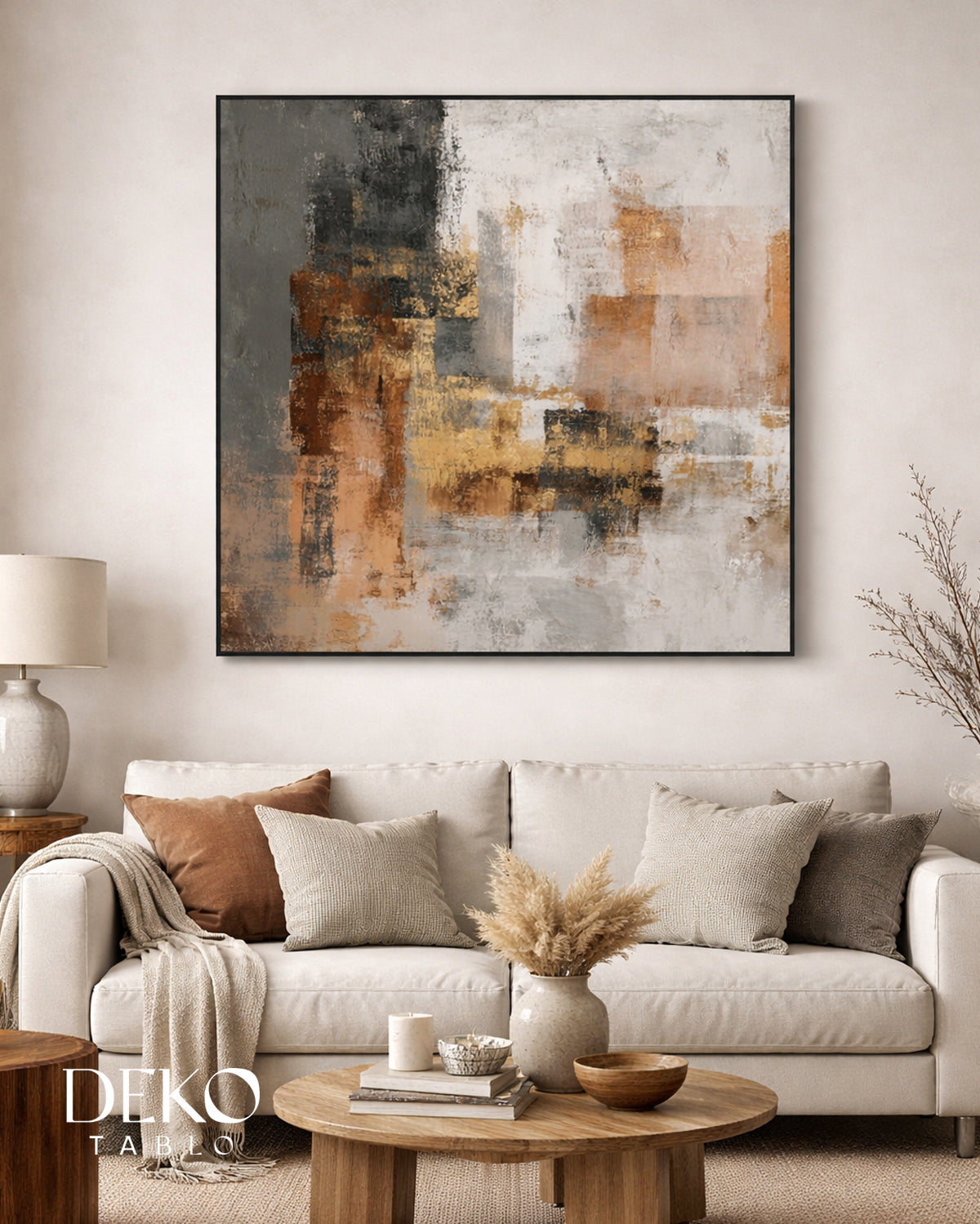 "Texture" Gri Beyaz ve Kiremit Rengi Detaylı Yağlı Boya Tablo