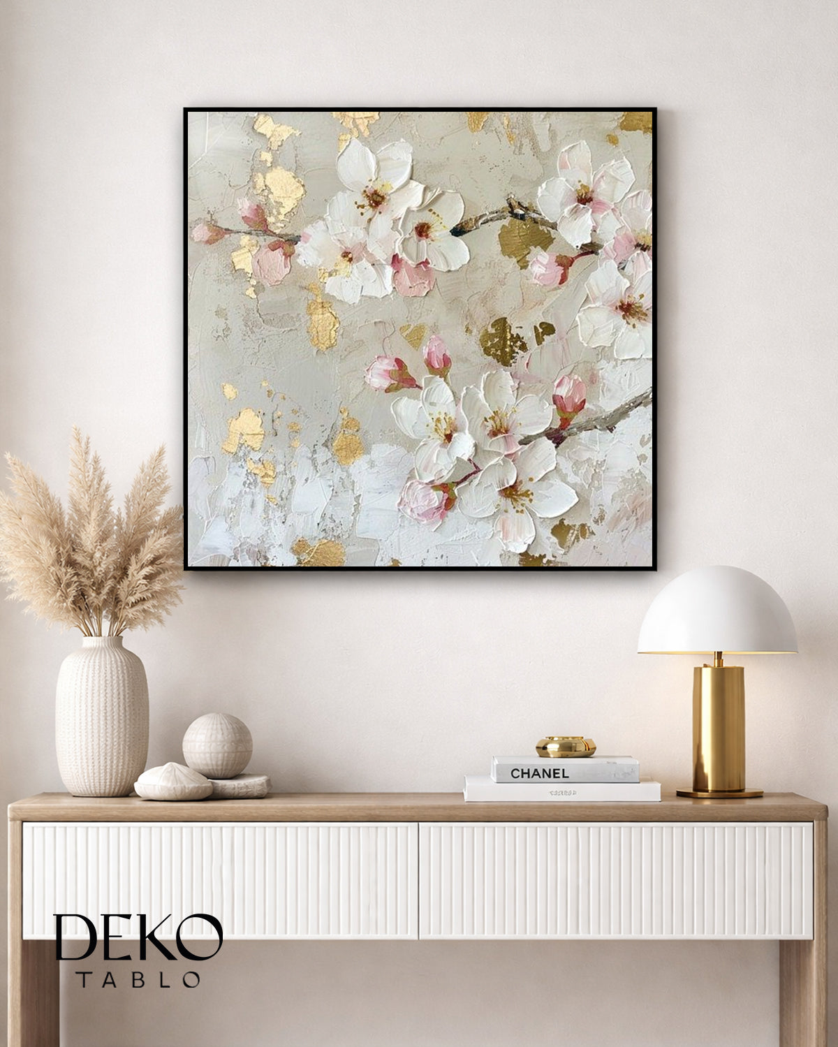 "Spring" Beyaz Bej ve Altın Bahar Çiçekleri Detaylı Yağlı Boya Tablo