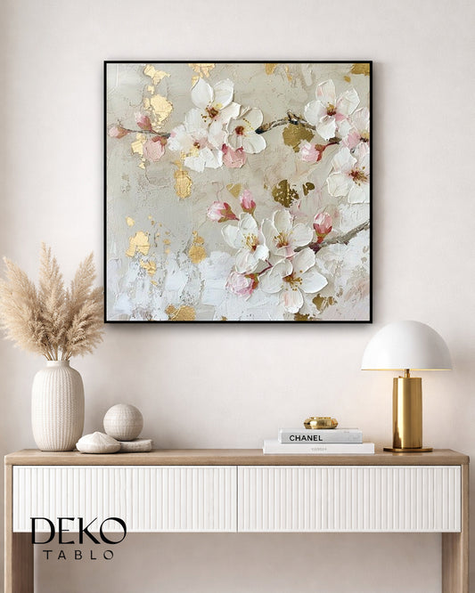 "Spring" Beyaz Bej ve Altın Bahar Çiçekleri Detaylı Yağlı Boya Tablo