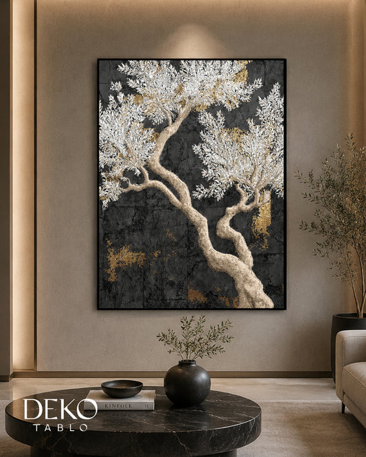 "Zeytin Ağacı Dark" Siyah Gri Beyaz ve Gold Detaylı Yağlı Boya Tablo