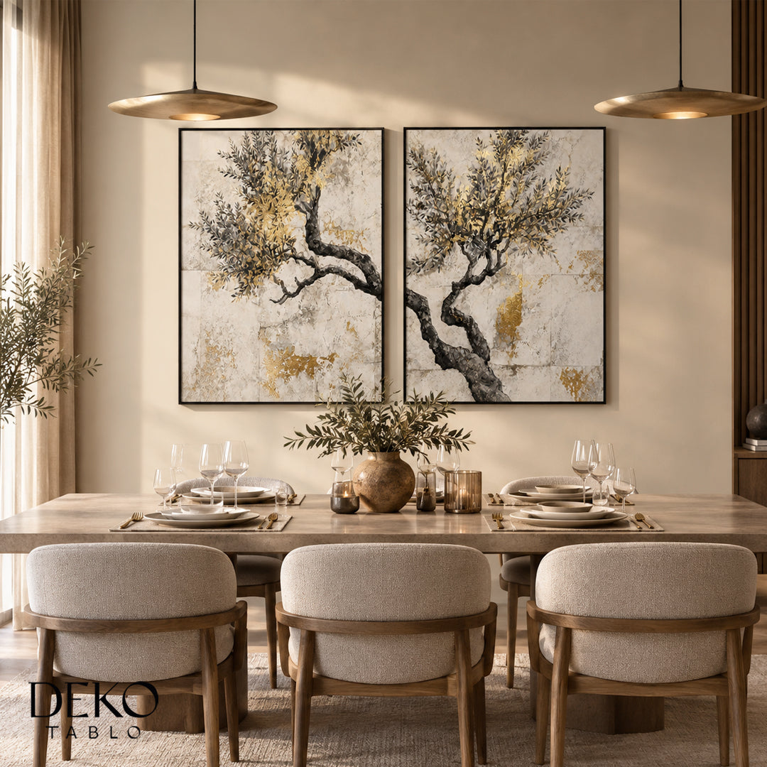 "Zeytin Ağacı İkili Set" Siyah Gri Beyaz ve Gold Detaylı İkili Set Yağlı Boya Tablo