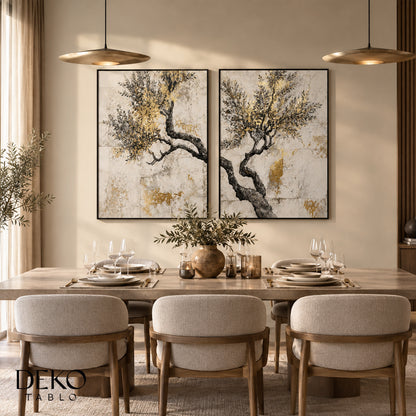 "Zeytin Ağacı İkili Set" Siyah Gri Beyaz ve Gold Detaylı İkili Set Yağlı Boya Tablo