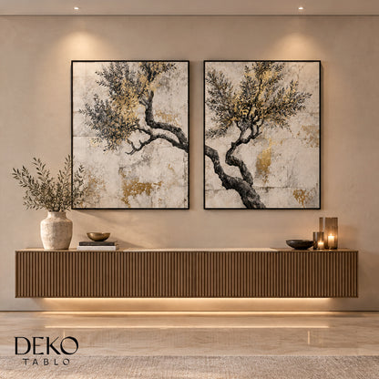 "Zeytin Ağacı İkili Set" Siyah Gri Beyaz ve Gold Detaylı İkili Set Yağlı Boya Tablo