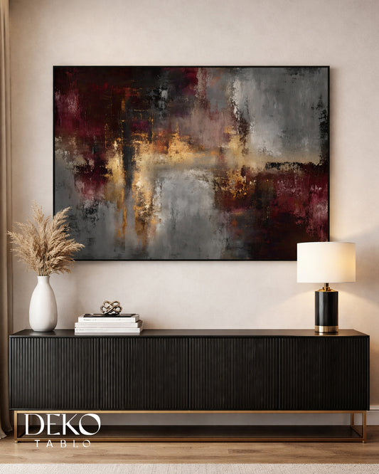 "Şafak" Gri Siyah Bordo ve Altın Tonlarında Detaylı Yağlı Boya Tablo