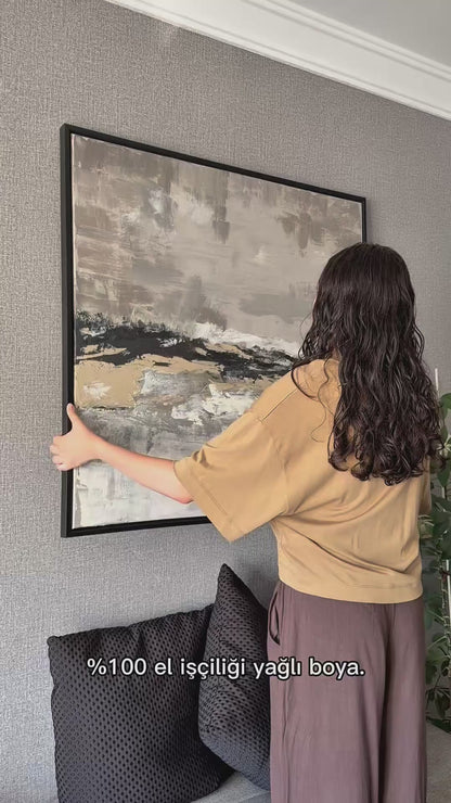 "Eylül" Bej ve Gold Detaylı Soyut Yağlı Boya Tablo