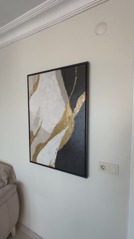"Gece" Beyaz Bej Siyah ve Gold Detaylı Yağlı Boya Tablo