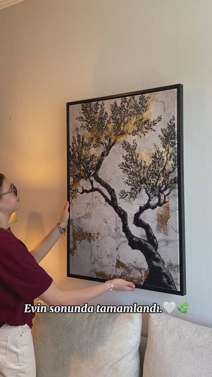 "Zeytin Ağacı" Siyah Gri Beyaz ve Gold Detaylı Yağlı Boya Tablo