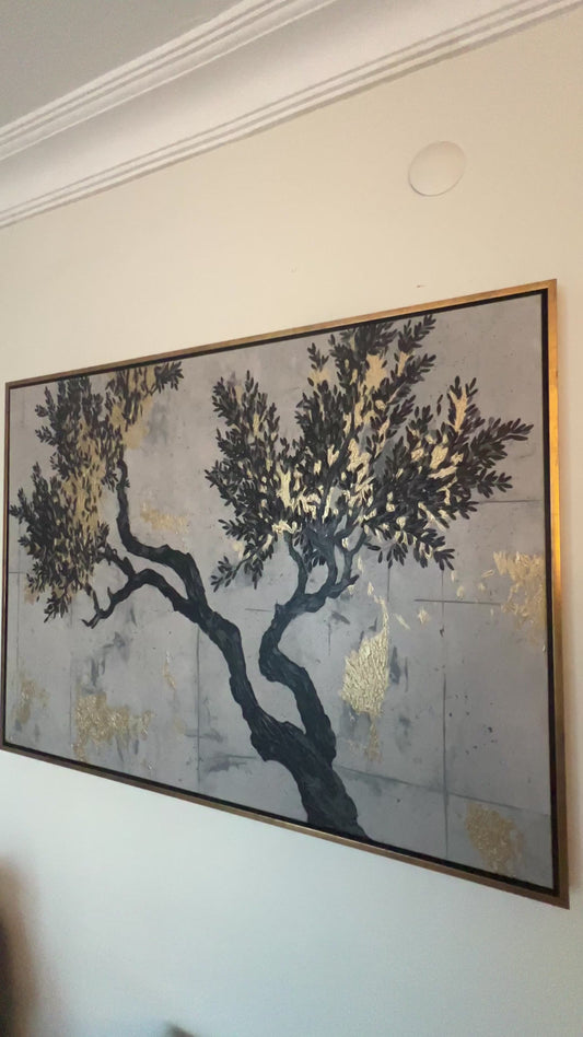 "Zeytin Ağacı Yatay" Siyah Gri Beyaz ve Gold Detaylı Yağlı Boya Tablo