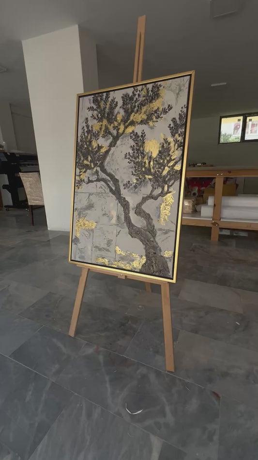 "Zeytin Ağacı" Siyah Gri Beyaz ve Gold Detaylı Yağlı Boya Tablo
